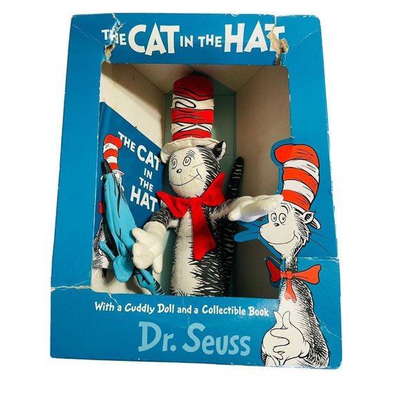 Dr Seuss The Cat in the Hat Cuddly Plush Doll & Collectible Book Box Set Vintage - Picture 1 of 11